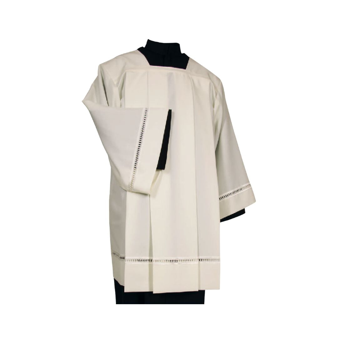 Clergy Surplice made from a cotton blend with single hemstitch insert. Made in Italy and sold by The Clergy Store