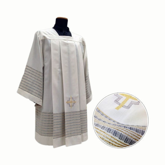 Clergy Surplice with gold thread hemstitch and front and back pleats. Made in Italy and sold by The Clergy Store