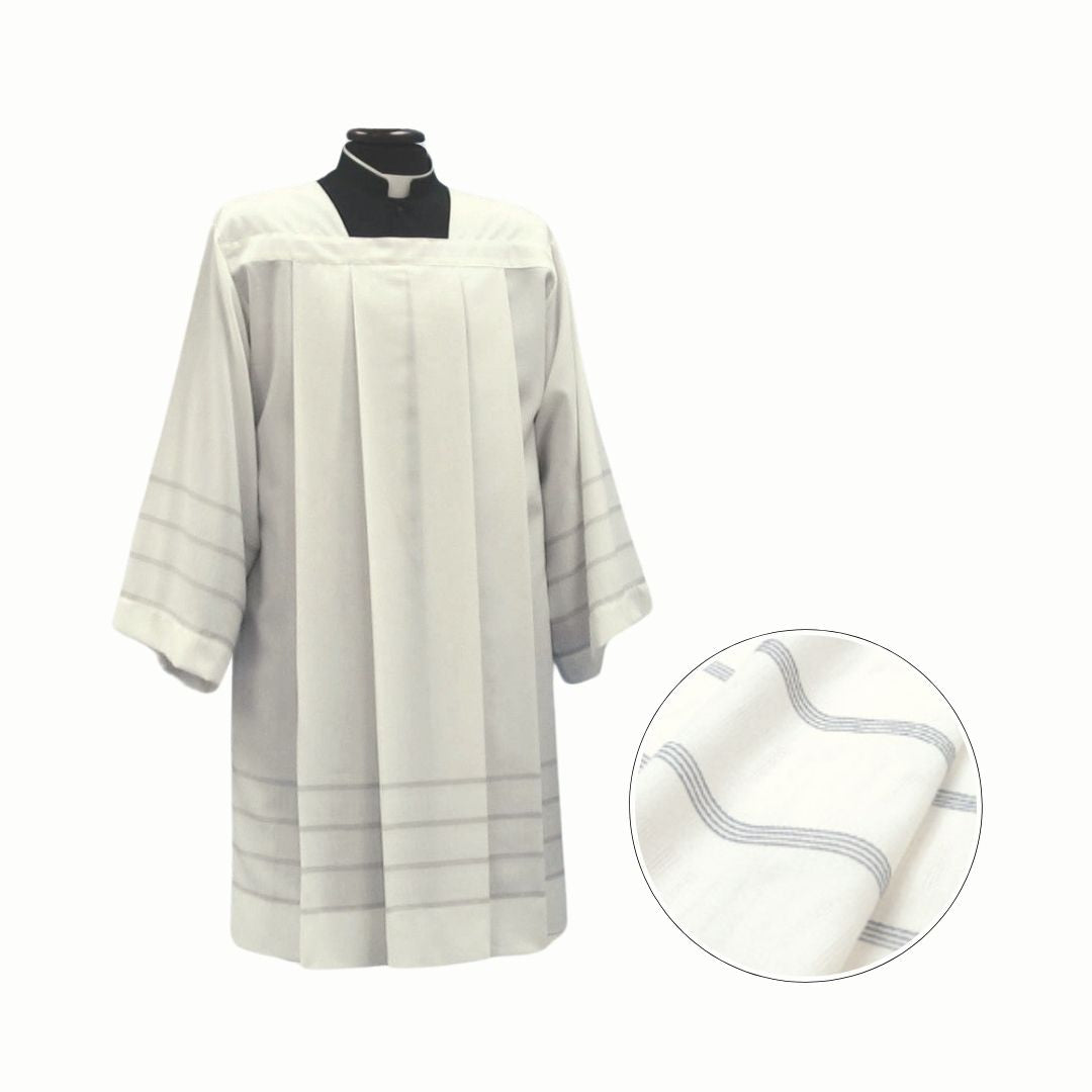 Clergy Surplice with grey pinstripe and front and back pleats. Made in Italy and sold by The Clergy Store