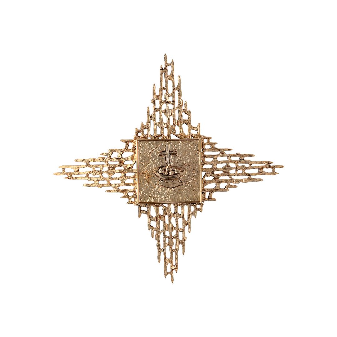 Wall Tabernacle with Cross and Loaves moftif. 24K-Gold & Silver plated. Single door. Made by Napoletana Arte Sacra Italy