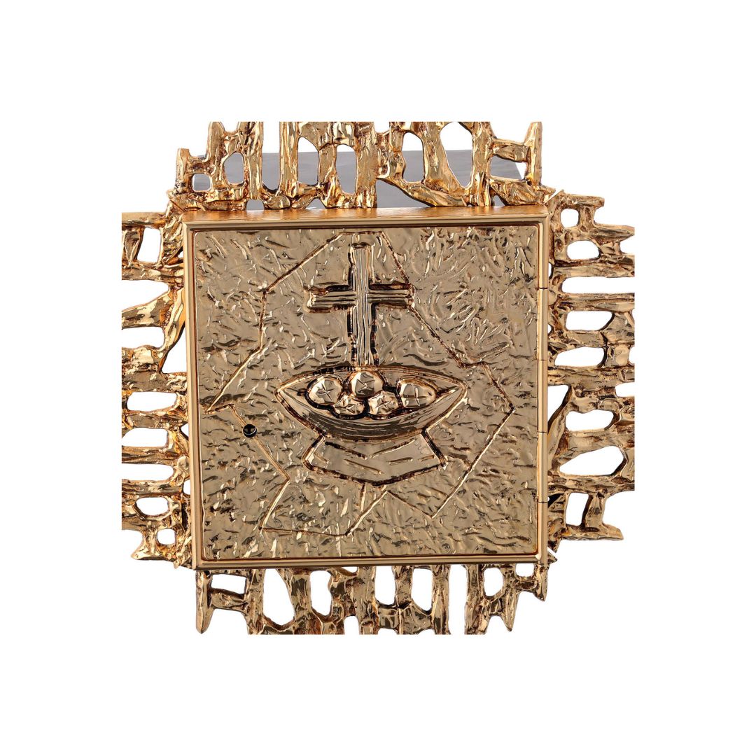 Wall Tabernacle with Cross and Loaves moftif. 24K-Gold & Silver plated. Single door. Made by Napoletana Arte Sacra Italy