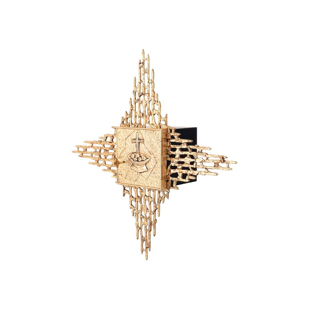 Wall Tabernacle with Cross and Loaves moftif. 24K-Gold & Silver plated. Single door. Made by Napoletana Arte Sacra Italy