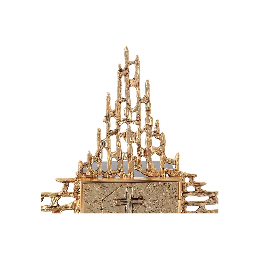 Wall Tabernacle with Cross and Loaves moftif. 24K-Gold & Silver plated. Single door. Made by Napoletana Arte Sacra Italy