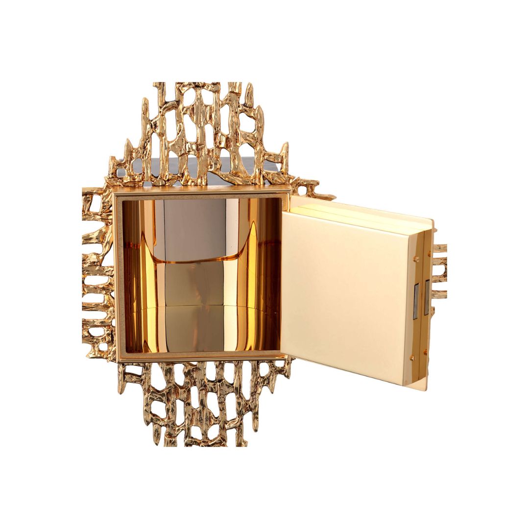 Wall Tabernacle with Cross and Loaves moftif. 24K-Gold & Silver plated. Single door. Made by Napoletana Arte Sacra Italy