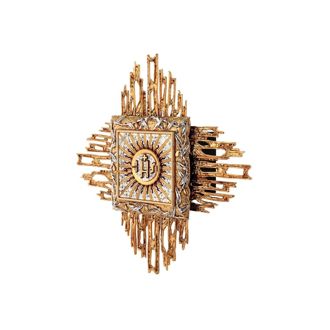 Wall Tabernacle with  IHS 24K-Gold & Silver plated. Single door. Made by Napoletana Arte Sacra 