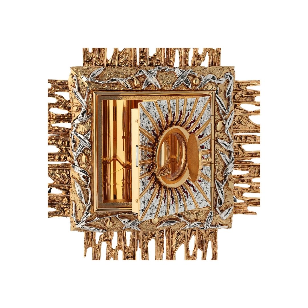 Wall Tabernacle with  IHS 24K-Gold & Silver plated. Single door. Made by Napoletana Arte Sacra 