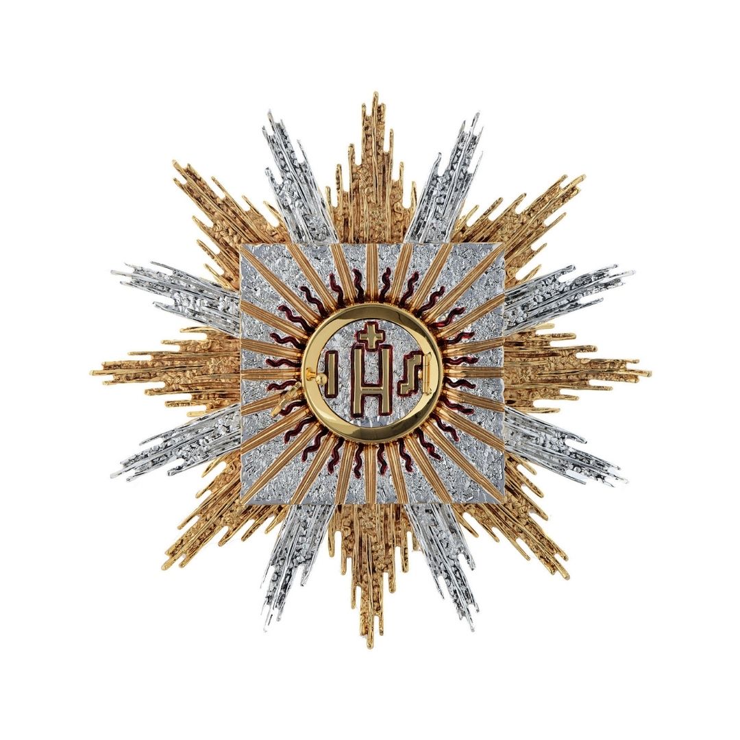 Wall Tabernacle with  IHS 24K-Gold & Silver plated. Single door with adoration window. Made by Napoletana Arte Sacra 