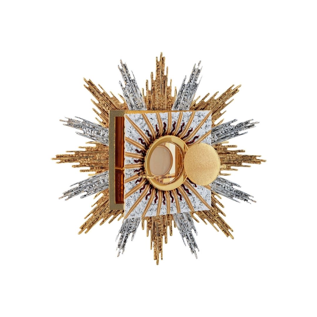 Wall Tabernacle with  IHS 24K-Gold & Silver plated. Single door with adoration window. Made by Napoletana Arte Sacra 