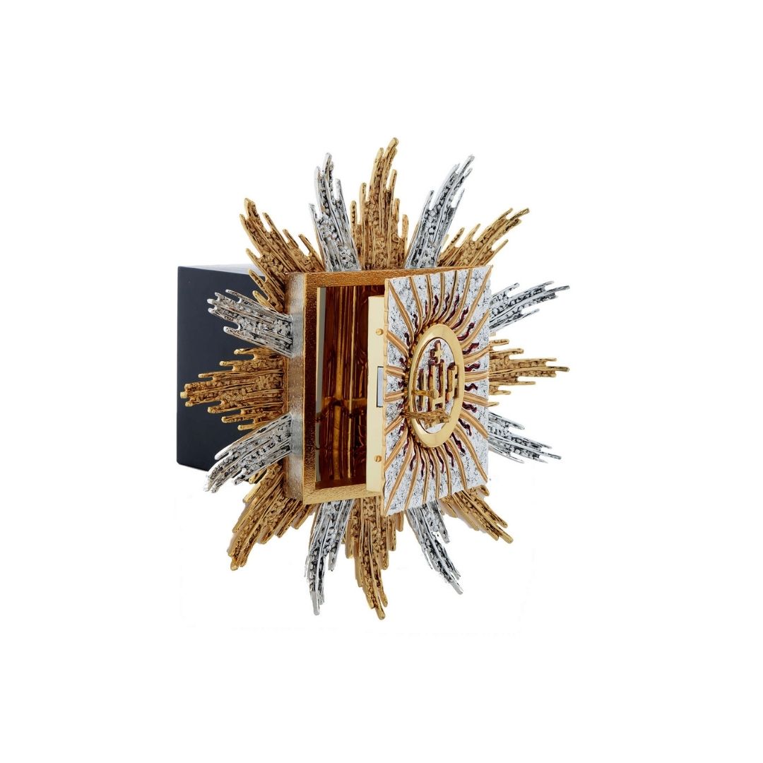 Wall Tabernacle with  IHS 24K-Gold & Silver plated. Single door with adoration window. Made by Napoletana Arte Sacra 