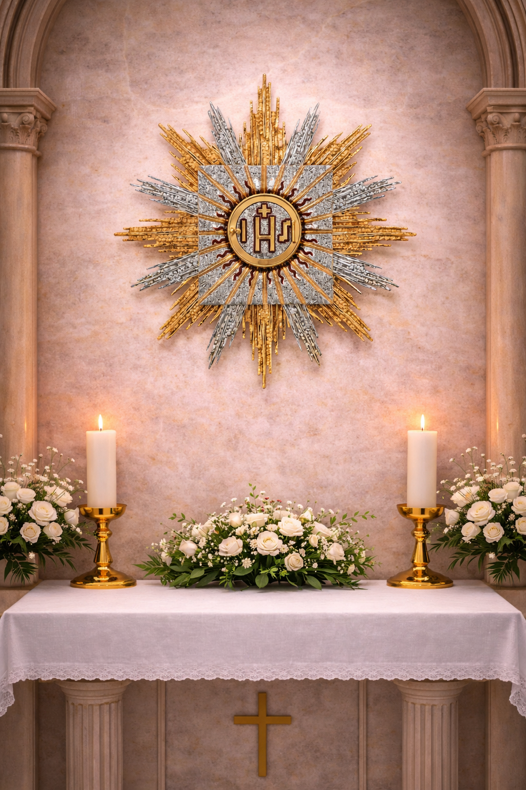 Wall Tabernacle with  IHS 24K-Gold & Silver plated. Single door with adoration window. Made by Napoletana Arte Sacra 