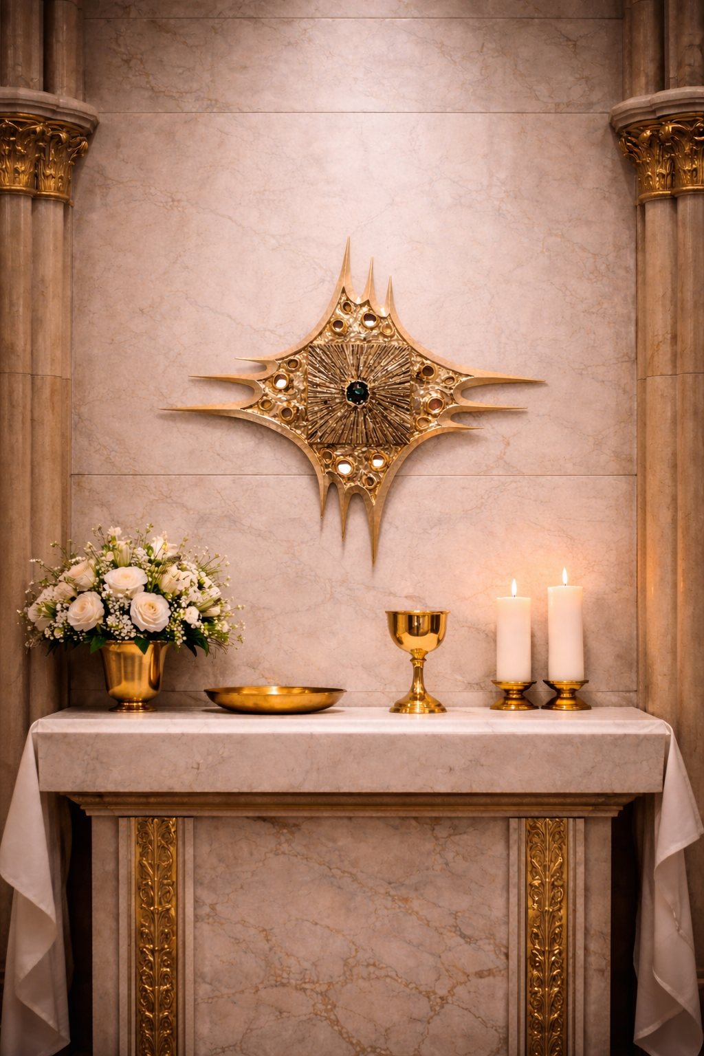 Decorative altar with gold chalice, candles, and flowers against a marble wall with a decorative wall tabernacle.