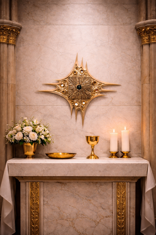 Decorative altar with gold chalice, candles, and flowers against a marble wall with a decorative wall tabernacle.