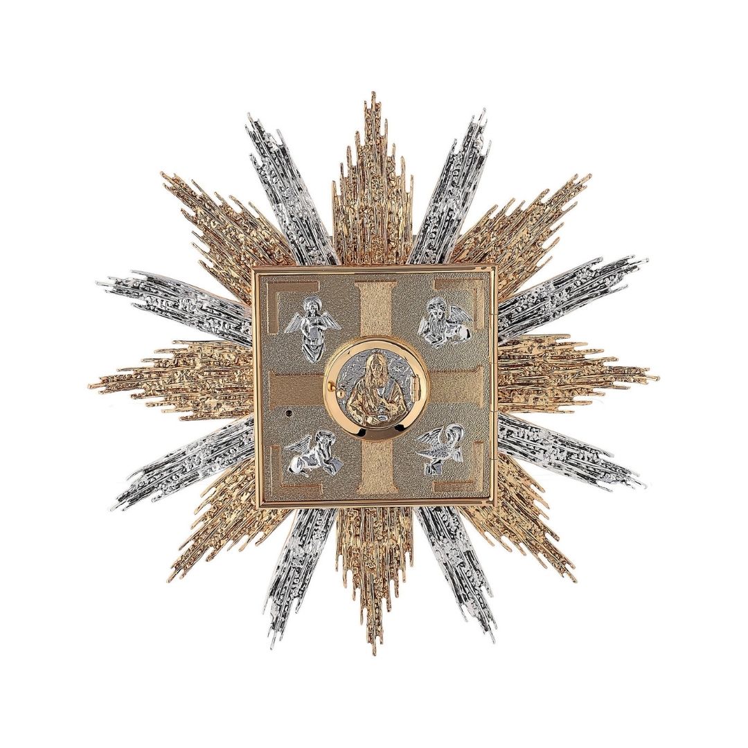 Wall Tabernacle with  four evangelist 24K-Gold & Silver plated. Single door with adoration window. Made by Napoletana Arte Sacra Italy