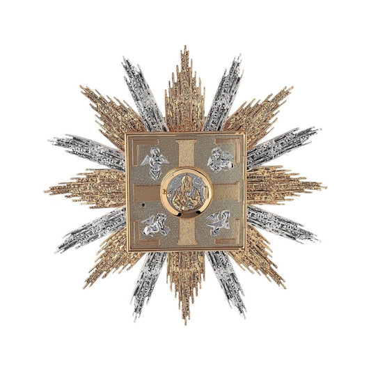 Wall Tabernacle with  four evangelist 24K-Gold & Silver plated. Single door with adoration window. Made by Napoletana Arte Sacra Italy