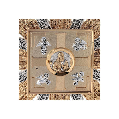 Wall Tabernacle with  four evangelist 24K-Gold & Silver plated. Single door with adoration window. Made by Napoletana Arte Sacra Italy