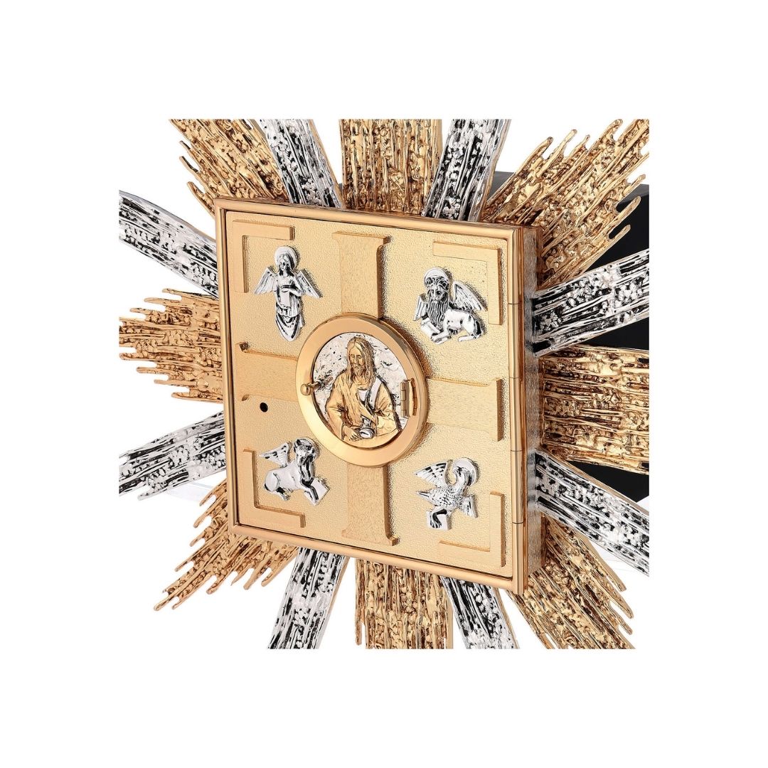Wall Tabernacle with  four evangelist 24K-Gold & Silver plated. Single door with adoration window. Made by Napoletana Arte Sacra Italy