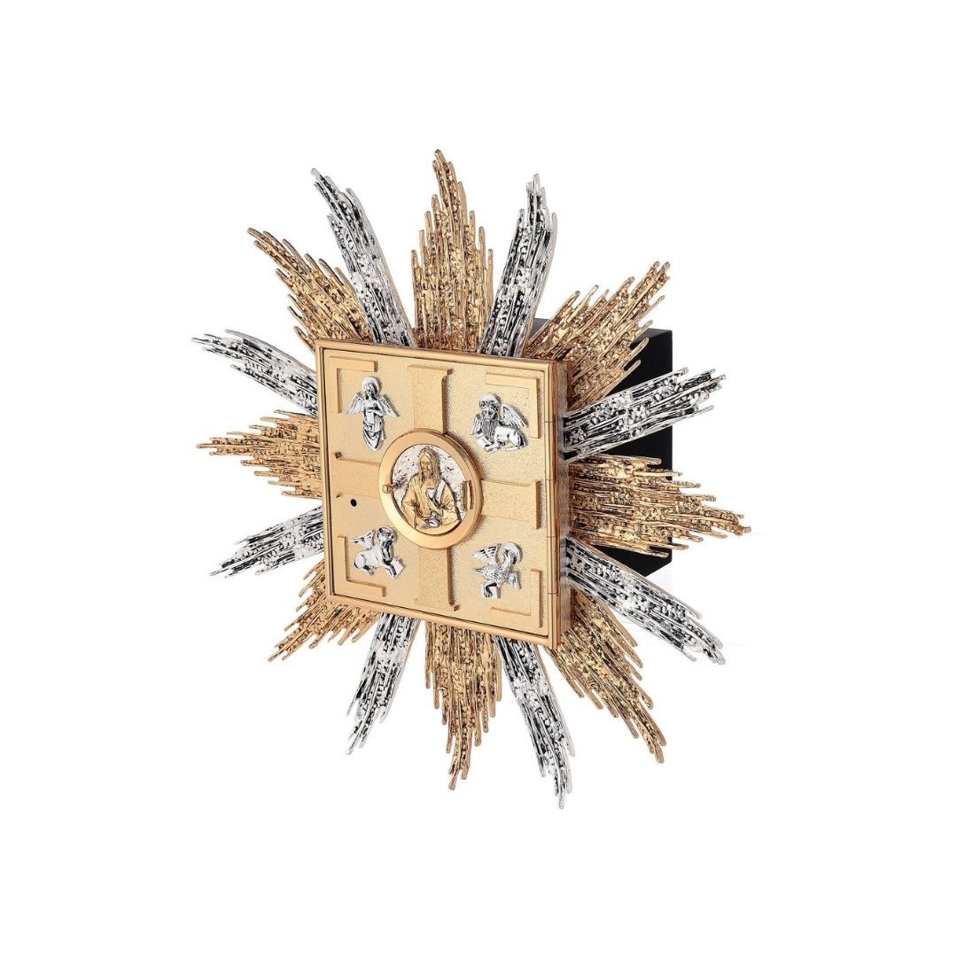 Wall Tabernacle with  four evangelist 24K-Gold & Silver plated. Single door with adoration window. Made by Napoletana Arte Sacra Italy