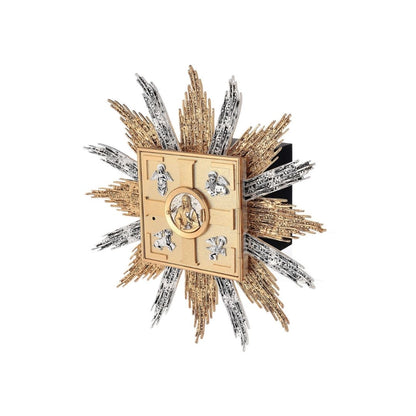 Wall Tabernacle with  four evangelist 24K-Gold & Silver plated. Single door with adoration window. Made by Napoletana Arte Sacra Italy