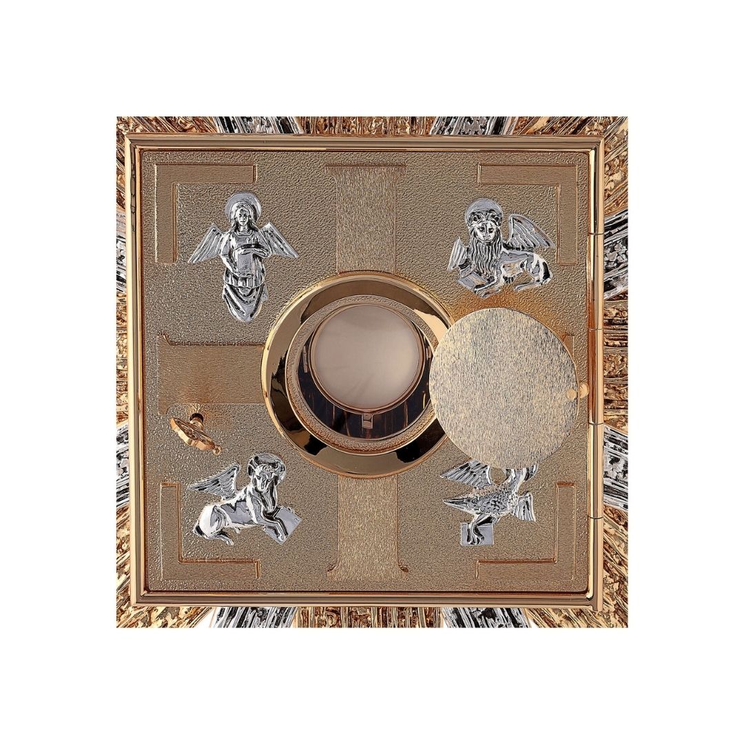 Wall Tabernacle with  four evangelist 24K-Gold & Silver plated. Single door with adoration window. Made by Napoletana Arte Sacra Italy
