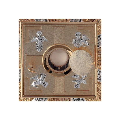 Wall Tabernacle with  four evangelist 24K-Gold & Silver plated. Single door with adoration window. Made by Napoletana Arte Sacra Italy
