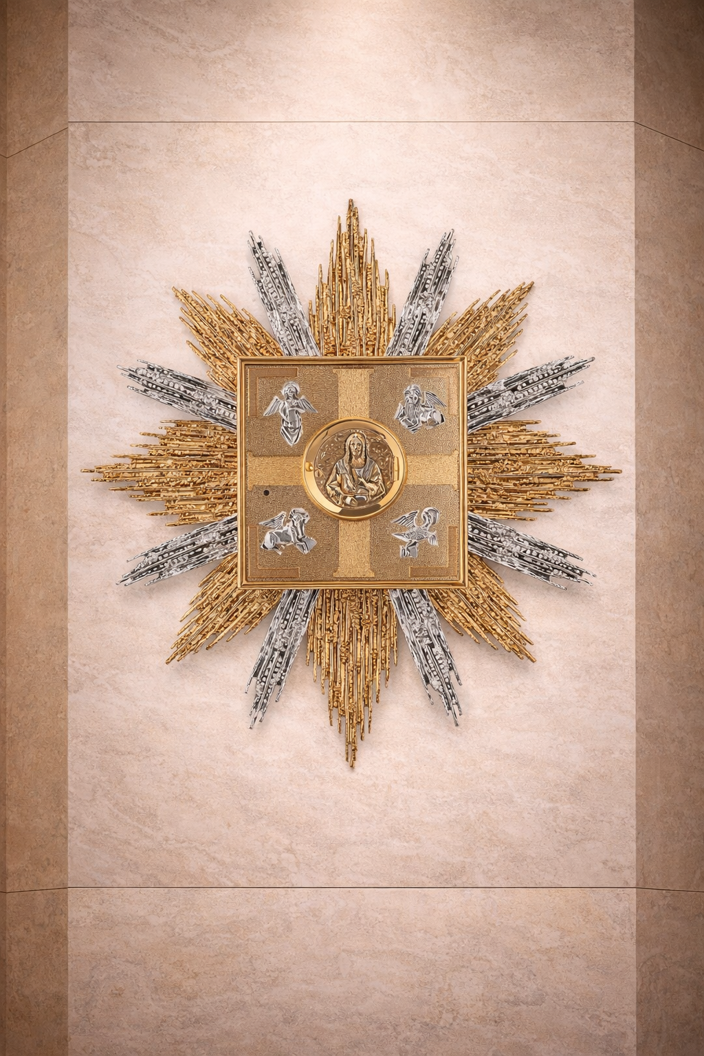 Wall Tabernacle with sunburst and four eveangelist and adoration window. Made in Italy