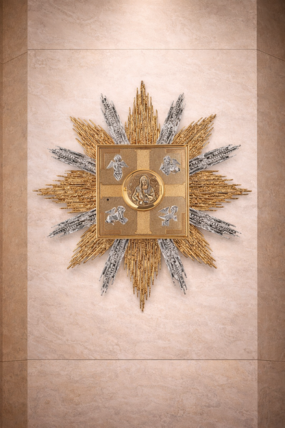 Wall Tabernacle with sunburst and four eveangelist and adoration window. Made in Italy
