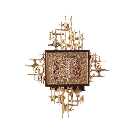 Wall Tabernacle with  Chi Rho and Grapes Gold & Silver plated. Single door. Made by Napoletana Arte Sacra Italy