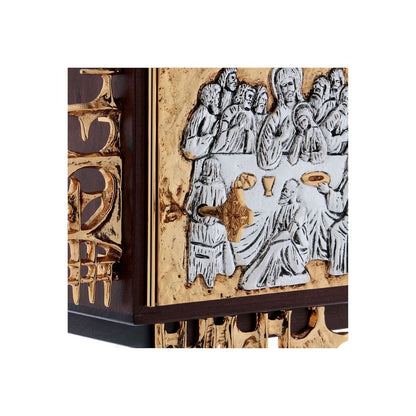 Wall Tabernacle with  the Last Supper in 24k Gold Plated. Single door. Made by Napoletana Arte Sacra Italy