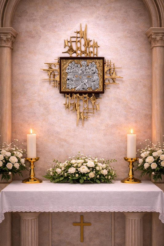 Wall Tabernacle with  the Last Supper in 24k Gold Plated. Single door. Made by Napoletana Arte Sacra Italy