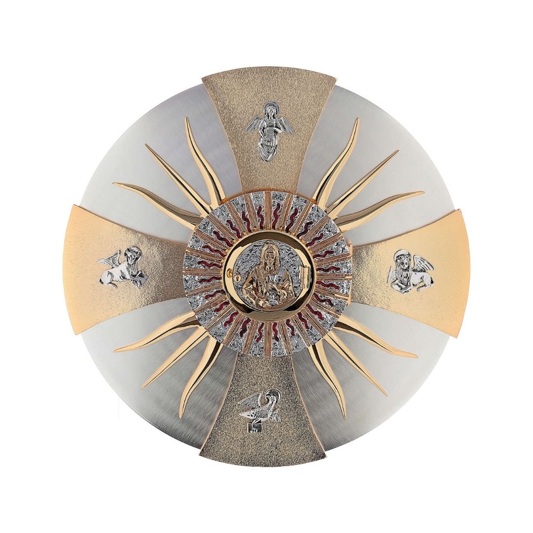 Wall Tabernacle with  the four evangelist in 24k Gold Plated. Single door with adoration window. Made by Napoletana Arte Sacra Italy