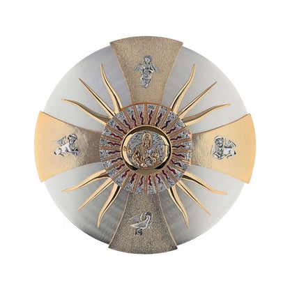 Wall Tabernacle with  the four evangelist in 24k Gold Plated. Single door with adoration window. Made by Napoletana Arte Sacra Italy