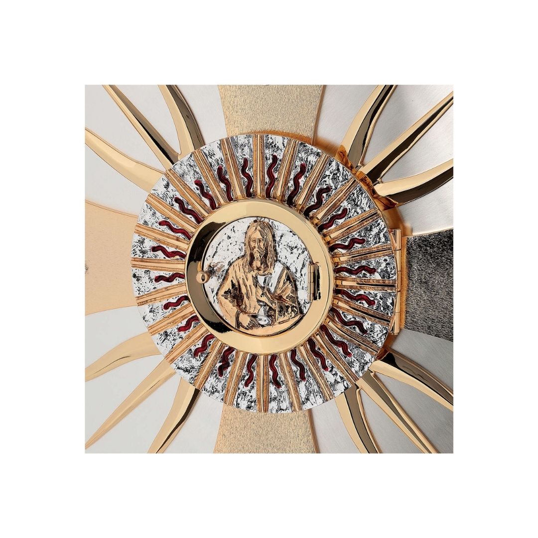 Wall Tabernacle with  the four evangelist in 24k Gold Plated. Single door with adoration window. Made by Napoletana Arte Sacra Italy