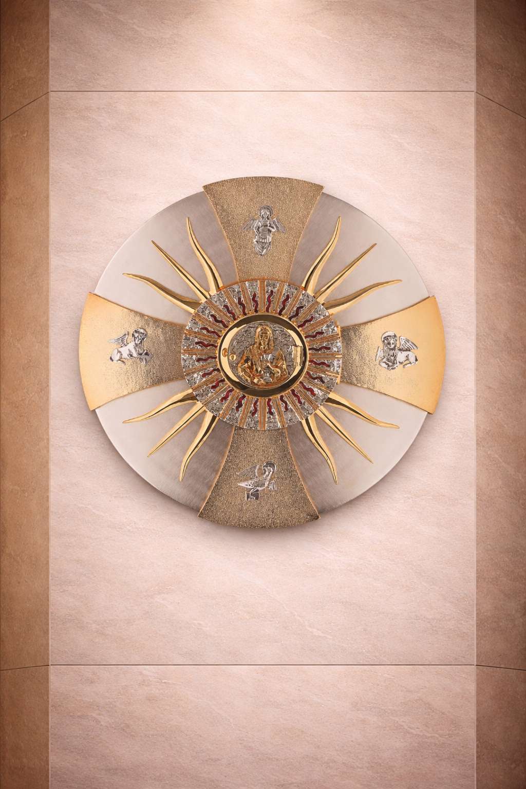 Wall Tabernacle with  the four evangelist in 24k Gold Plated. Single door with adoration window. Made by Napoletana Arte Sacra Italy