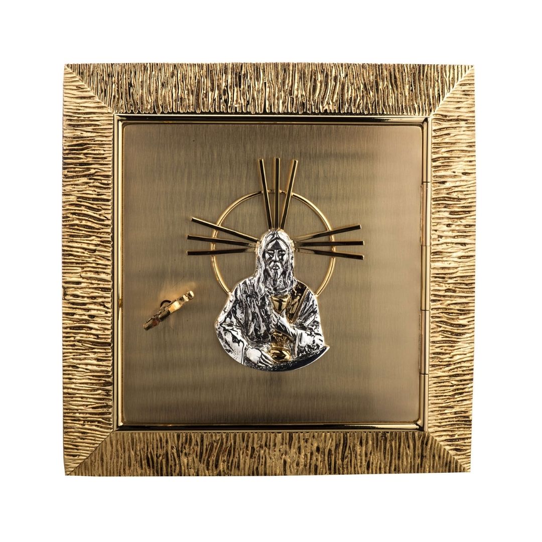 Wall Tabernacle with  image of Jesus in 24k Gold Plated. Single door. Made by Napoletana Arte Sacra Italy