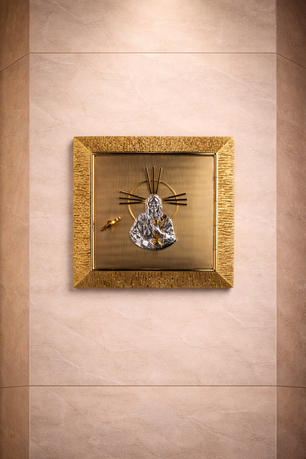 Wall Tabernacle with  image of Jesus in 24k Gold Plated. Single door. Made by Napoletana Arte Sacra Italy