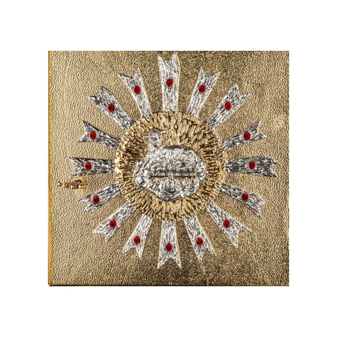 Wall Tabernacle with  image of  Lamb of God in 24k Gold Plated. Single door with adoration window. Made by Napoletana Arte Sacra Italy