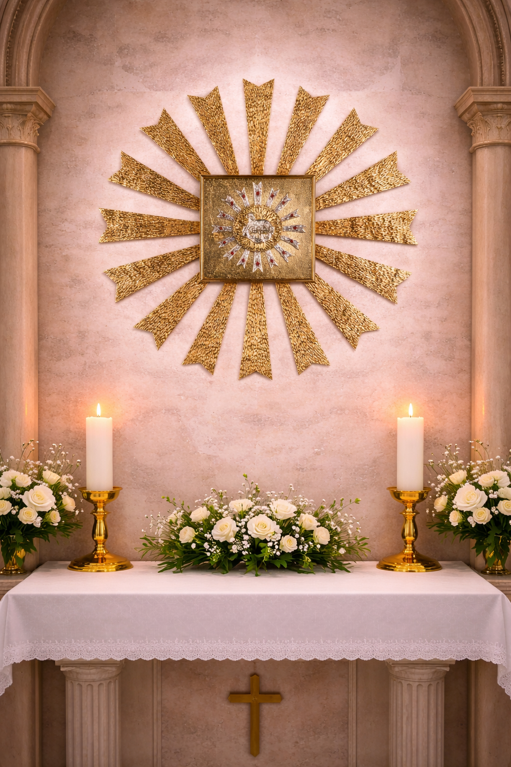 Wall Tabernacle with  image of  Lamb of God in 24k Gold Plated. Single door with adoration window. Made by Napoletana Arte Sacra Italy
