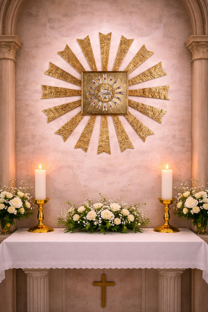 Wall Tabernacle with  image of  Lamb of God in 24k Gold Plated. Single door with adoration window. Made by Napoletana Arte Sacra Italy
