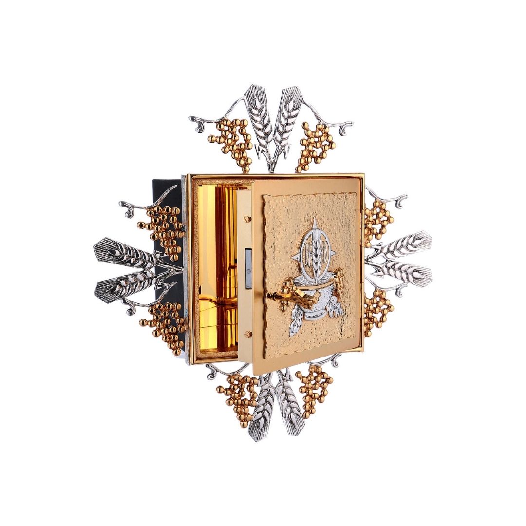 Wall Tabernacle with  Host, Grapes and Ears of Wheat in 24k Gold Plated. Single door. Made by Napoletana Arte Sacra Italy