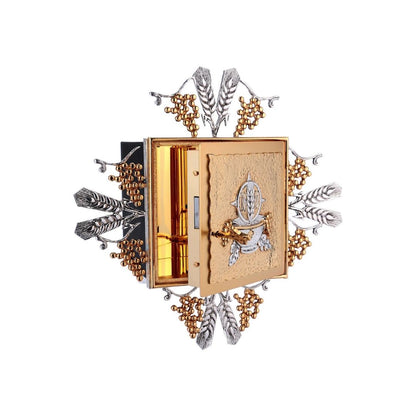 Wall Tabernacle with  Host, Grapes and Ears of Wheat in 24k Gold Plated. Single door. Made by Napoletana Arte Sacra Italy