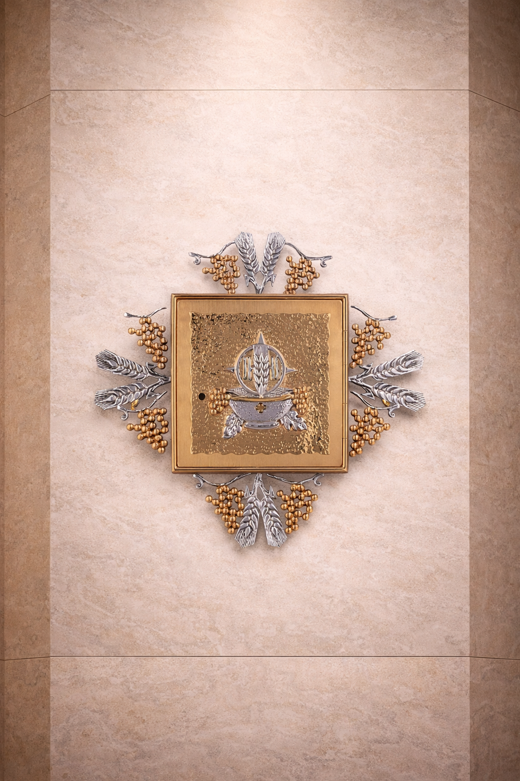 Wall Tabernacle with  Host, Grapes and Ears of Wheat in 24k Gold Plated. Single door. Made by Napoletana Arte Sacra Italy