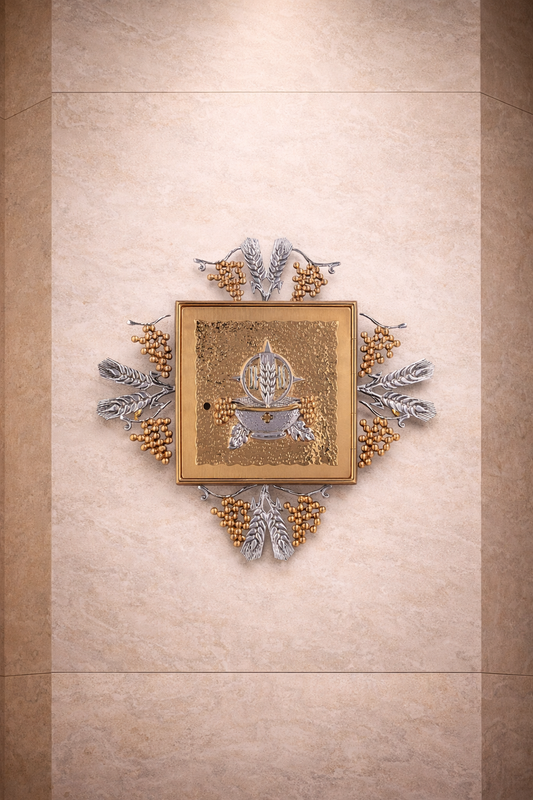 Wall Tabernacle with  Host, Grapes and Ears of Wheat in 24k Gold Plated. Single door. Made by Napoletana Arte Sacra Italy