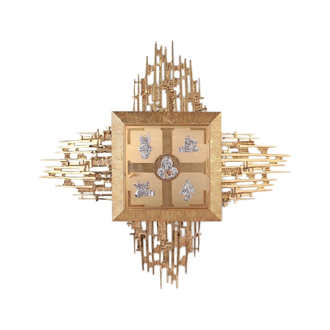 Wall Tabernacle with  four evangelist 24K-Gold & Silver plated. Single door with adoration window. Made by Napoletana Arte Sacra Italy