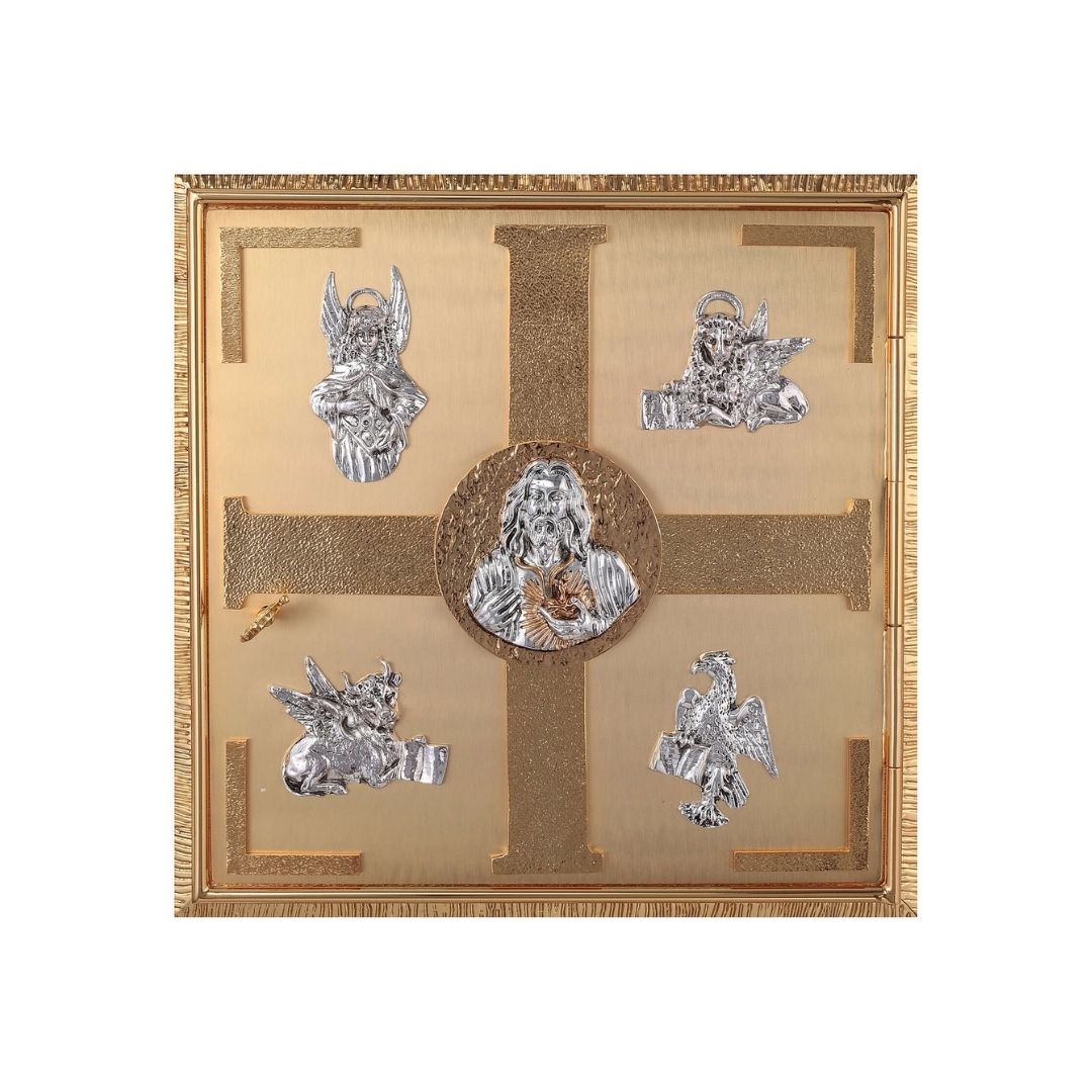 Wall Tabernacle with  four evangelist 24K-Gold & Silver plated. Single door with adoration window. Made by Napoletana Arte Sacra Italy