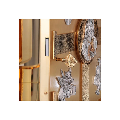 Wall Tabernacle with  four evangelist 24K-Gold & Silver plated. Single door with adoration window. Made by Napoletana Arte Sacra Italy
