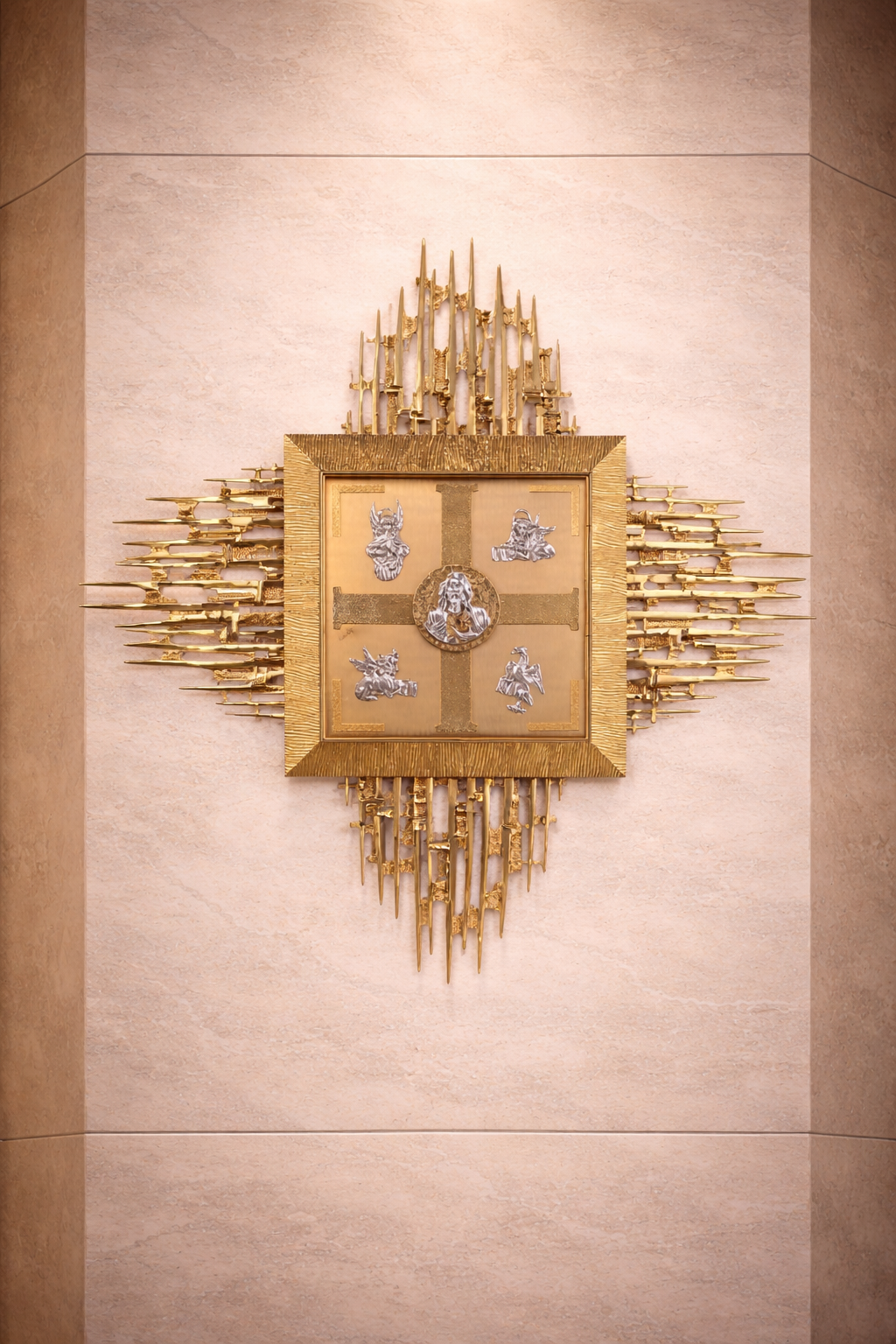 Wall Tabernacle with  four evangelist 24K-Gold & Silver plated. Single door with adoration window. Made by Napoletana Arte Sacra Italy