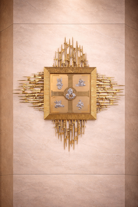 Wall Tabernacle with  four evangelist 24K-Gold & Silver plated. Single door with adoration window. Made by Napoletana Arte Sacra Italy