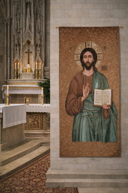 Wall tapestry of Christ the Teacher religious figure in a church setting