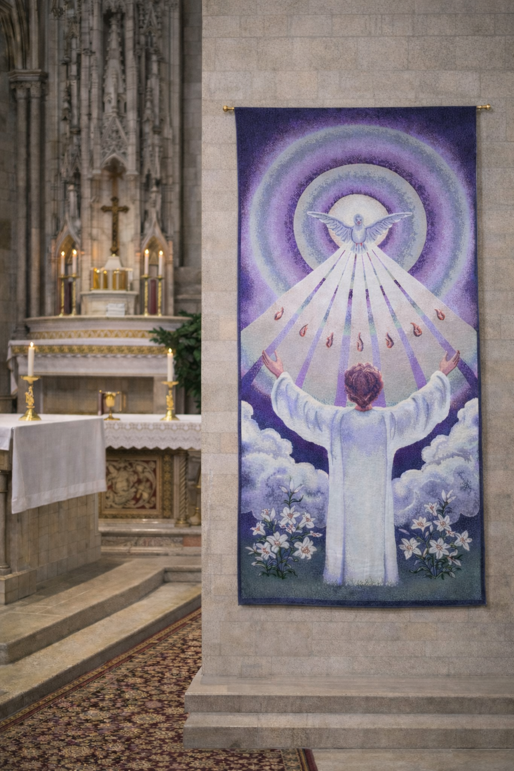 Wall hanging tapestry Confirmation 4 feet by 8 feet with rod hole opening. Made in Italy