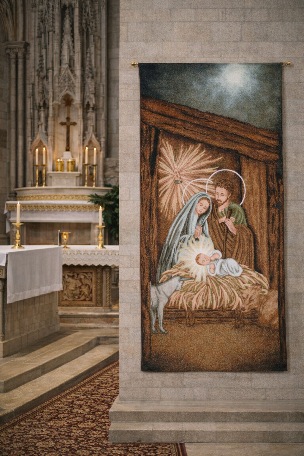 Nativity scene tapestry in a church setting with altar in the background